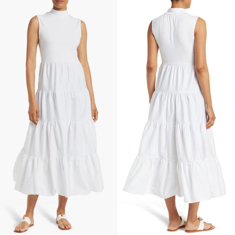 NEW LOVE BY DESIGN White LESLIE Mock Neck SLEEVELESS Tiered Poplin MAXI DRESS S